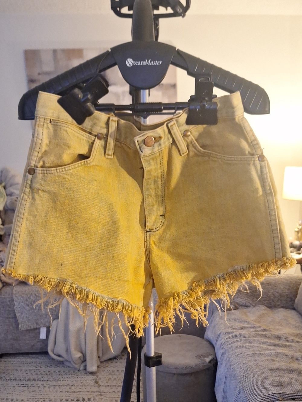 Wrangler Yellow Dyed Upcycle Distressed Sz 29 Denim Cutt Of Jean Shorts